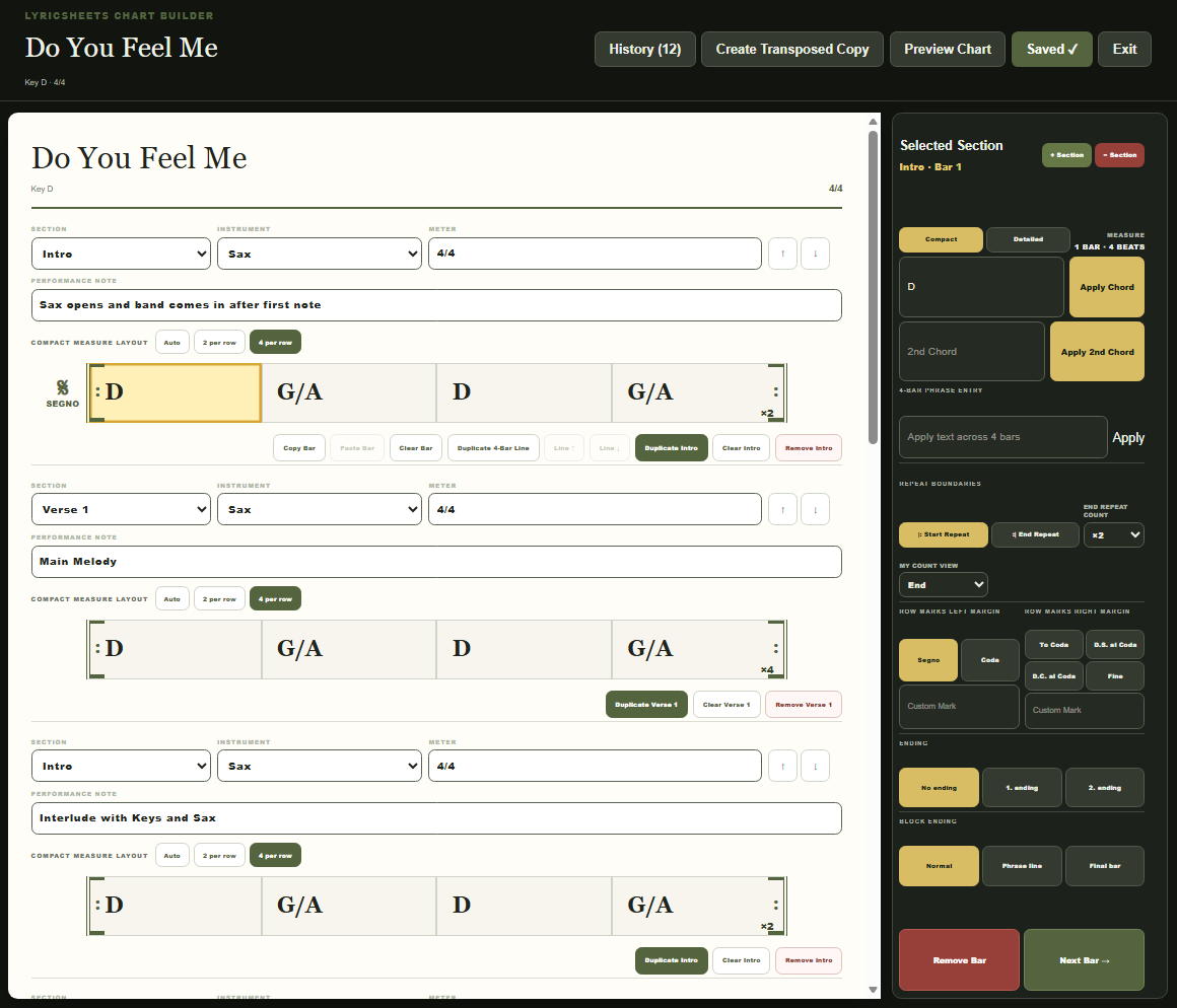 Lyricsheets Chart Builder with intro and verse sections, chord bars, instrument and meter fields, performance notes, and repeat and ending controls