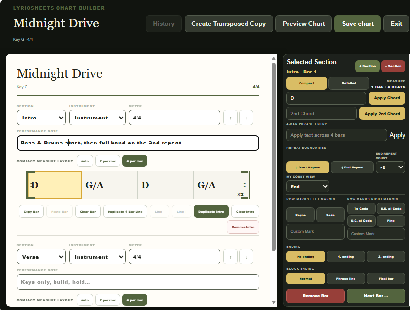 Lyricsheets Chart Builder showing a chord arrangement with labeled sections and performance cues