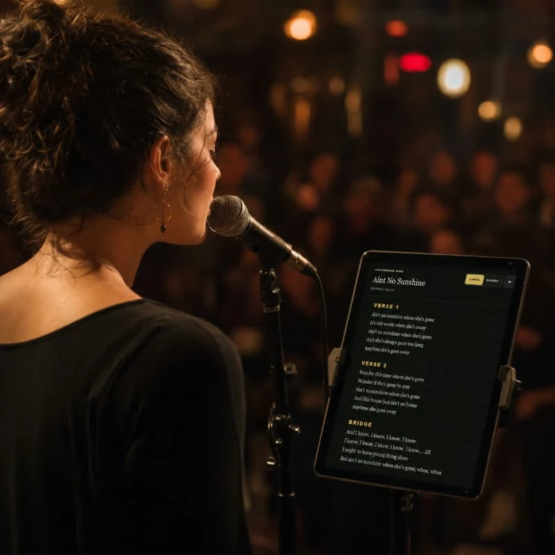 Singer performing into a microphone with Lyricsheets lyrics displayed on a tablet beside her