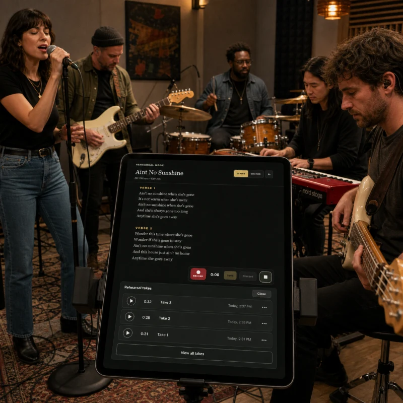Band rehearsing together with Lyricsheets lyrics and rehearsal recordings displayed on a tablet in the foreground