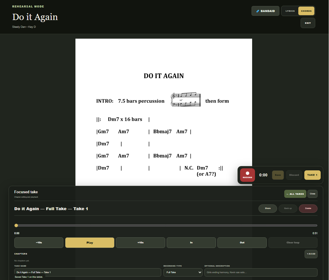 Lyricsheets rehearsal mode showing a chord chart above the focused-take playback panel