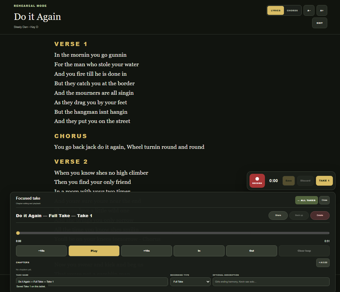 A saved rehearsal take beneath the lyrics, with a playback timeline, ten-second skip buttons, In and Out loop controls, and a chapters area