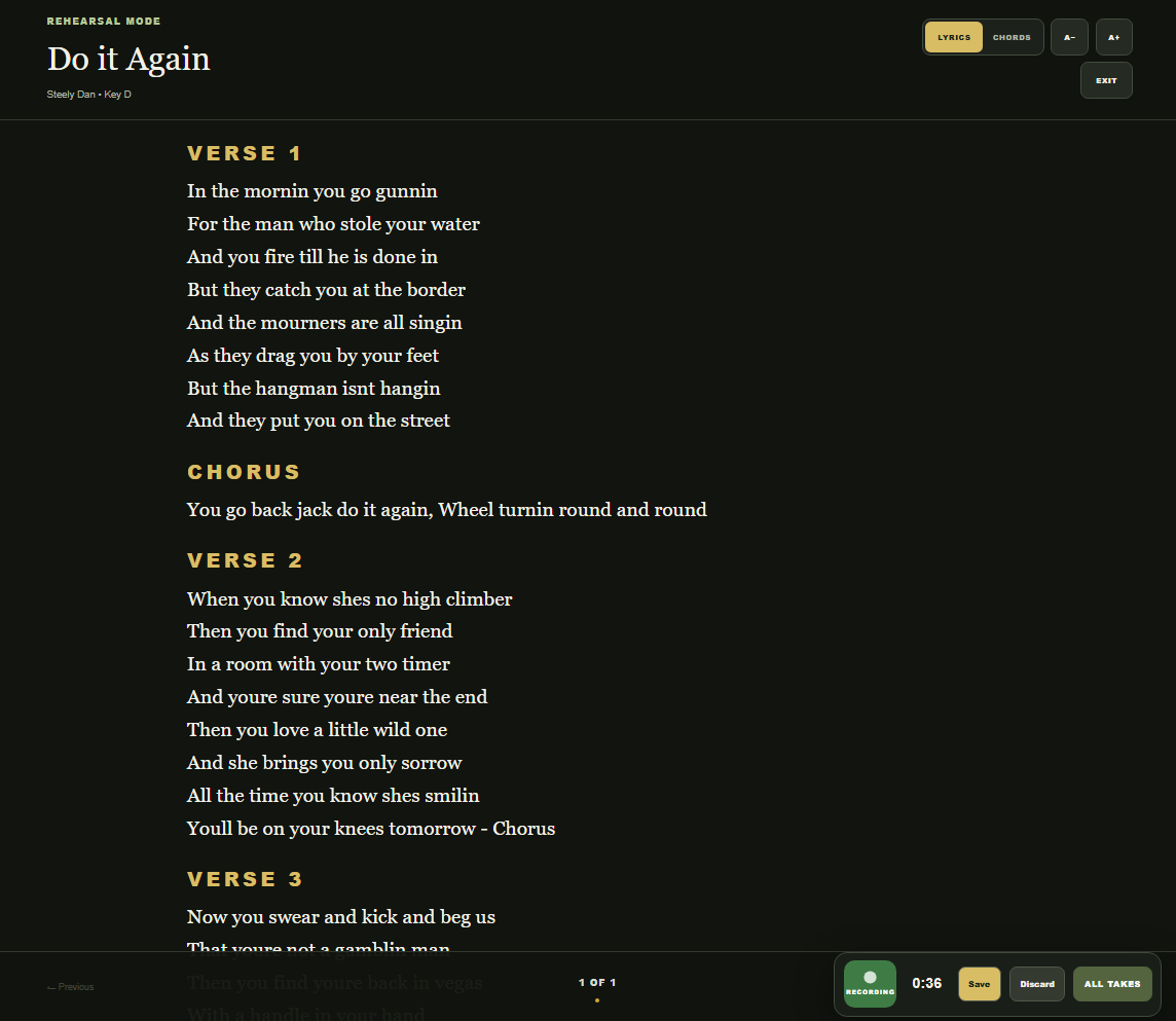 Lyricsheets rehearsal mode with lyrics open and an active recording timer beside Save, Discard, and All Takes controls