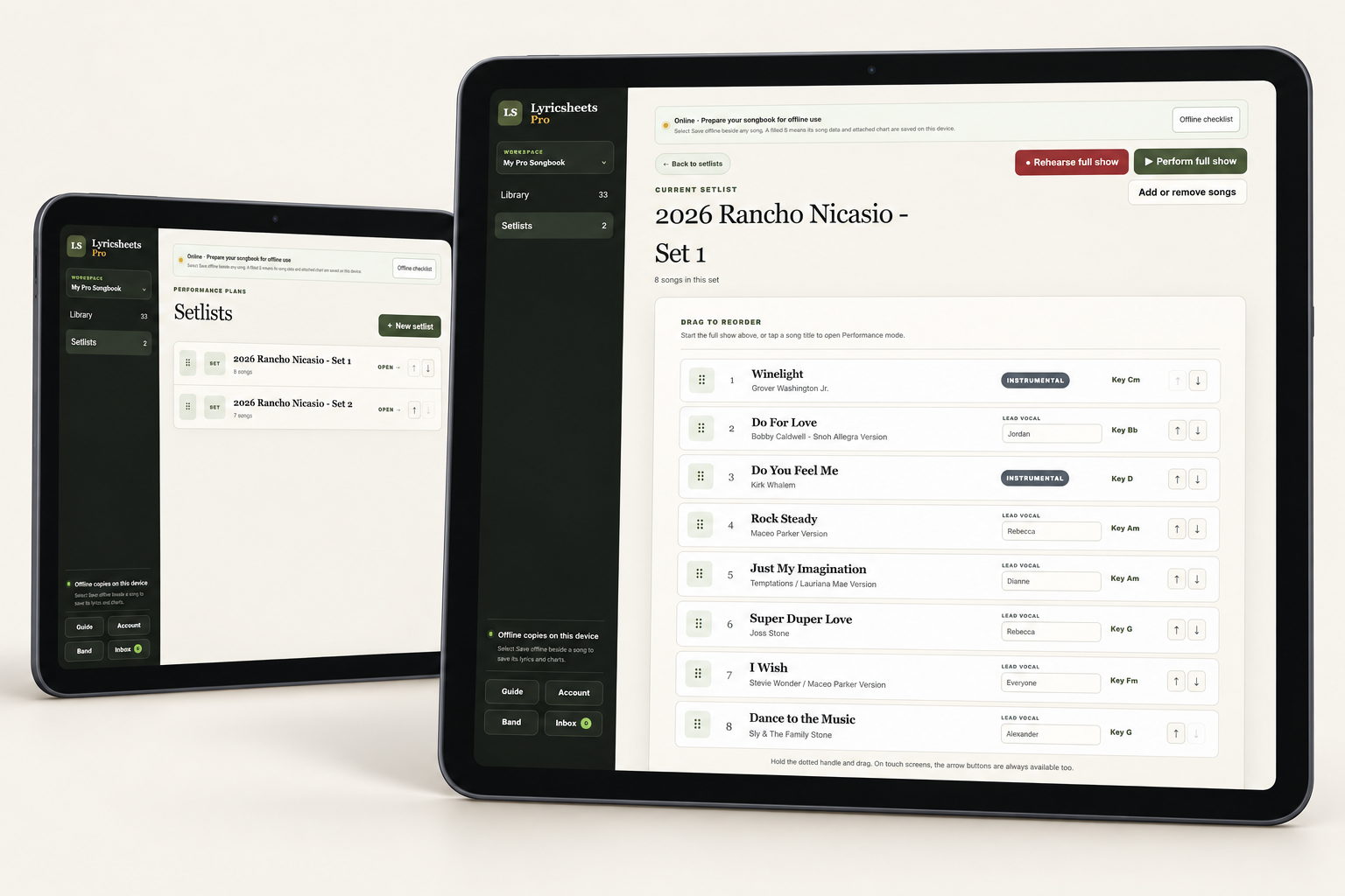 Lyricsheets setlist overview and an eight-song gig set, showing song order, keys, lead vocal assignments, and rehearsal and performance controls on tablets